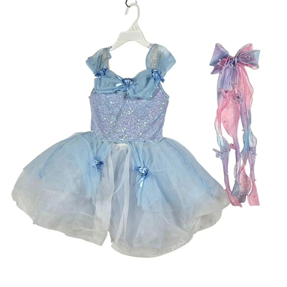Girls Blue Sequin Tutu Ballet Dress Princess Costume with Butterfly Hair Bow